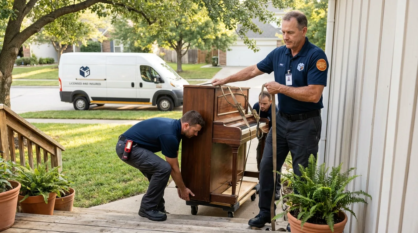 Licensed piano movers securing grand piano in Bangor, ME