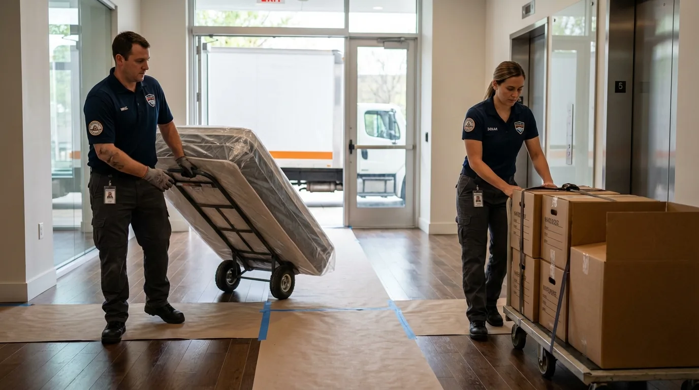 Professional apartment movers loading elevator in Bangor, ME